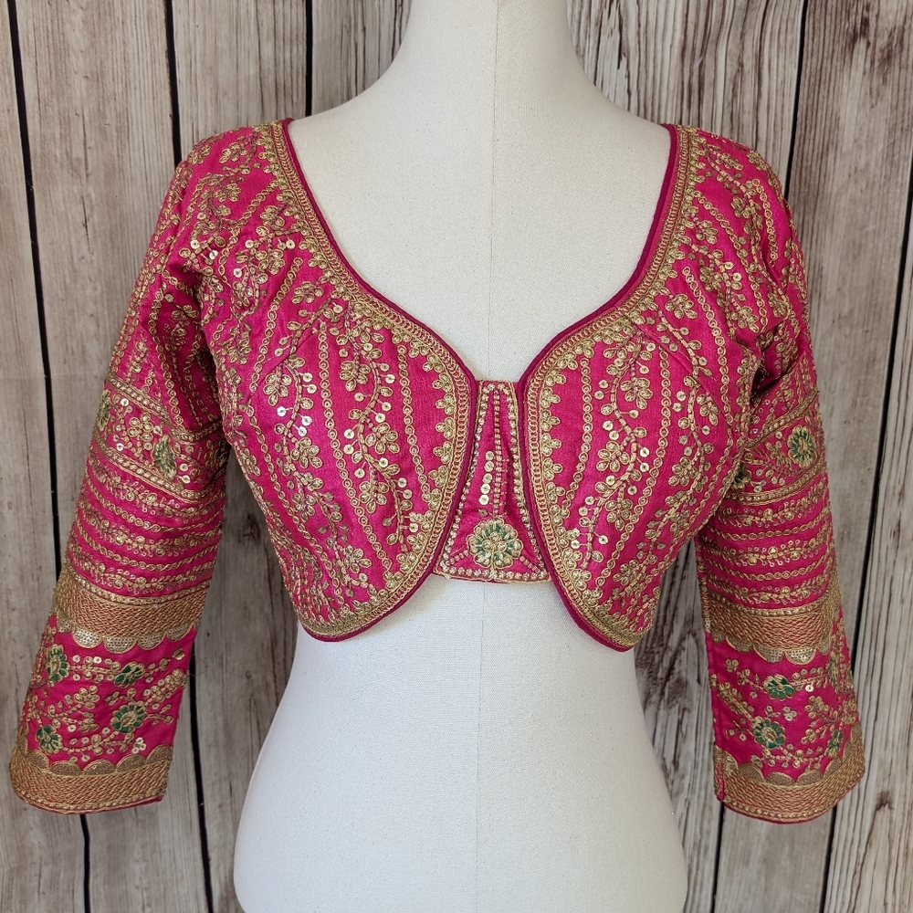 Vibrant Pink and Gold Embroidered Saree Blouse | Crop Top | Choli | Readymade